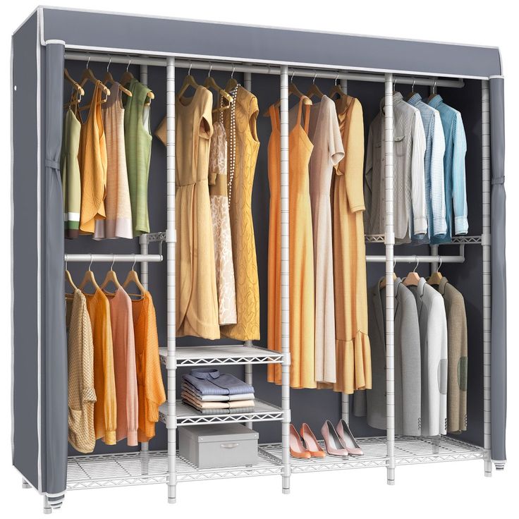 an image of a closet with clothes and shoes on it's racks, all in different colors