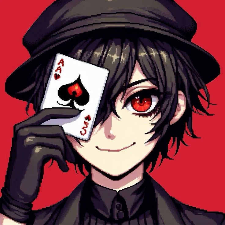 an anime character with red eyes and black hair holding up a playing card in front of his face