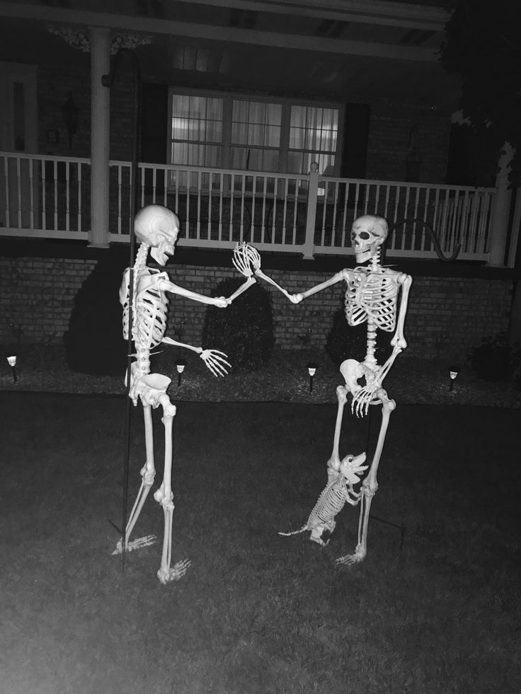 two skeletons standing in front of a house with their arms around each other while holding hands