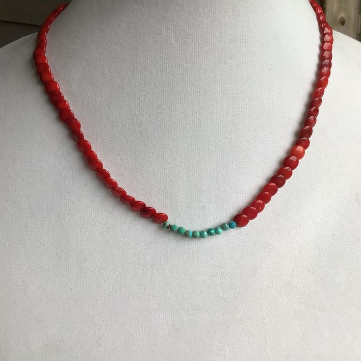 Pretty and colorful beach inspired necklace featuring Red Coral and a few Hubei Turquoise beads to add a pop of color. Clasp is a 14k gold filled Lobster claw. Beads are strung on 49 strand beading wire that is secured with 14k gold filled crimp, cover and wire guardians. Necklace is 18 inches Visit my shop for more jewelry designs: https://www.etsy.com/shop/EarthSeaSkyJewelry Bohemian Hand-strung Beaded Necklaces For Beach, Hippie Beaded Necklaces With Gemstone Beads For Beach, Hippie Style Gemstone Beaded Necklaces For The Beach, Bohemian Coral Jewelry For The Beach, Bohemian Coral Jewelry For Beach, Coral Bohemian Beach Jewelry, Handmade Turquoise Necklace For Beach, Adjustable Single Strand Turquoise Bohemian Necklace, Bohemian Turquoise Necklace With Colorful Beads For Gift