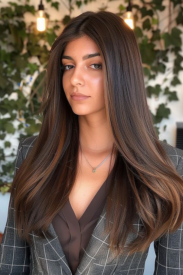 Woman with long, straight dark brown hair and a dramatic center part. Long Straight Hair, Styling Tips, Straight Hair, Polished Look, Straight Hairstyles, Tap, Sleek, Hairstyles, Hair Styles