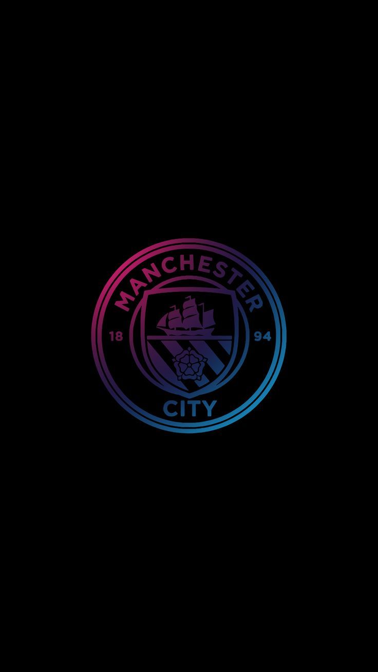 the manchester city logo is shown on a black background with blue and pink lights around it