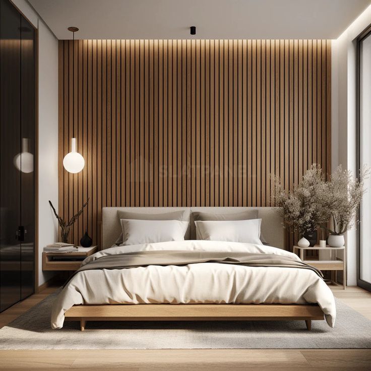 a large bed sitting in the middle of a bedroom next to a tall wooden wall