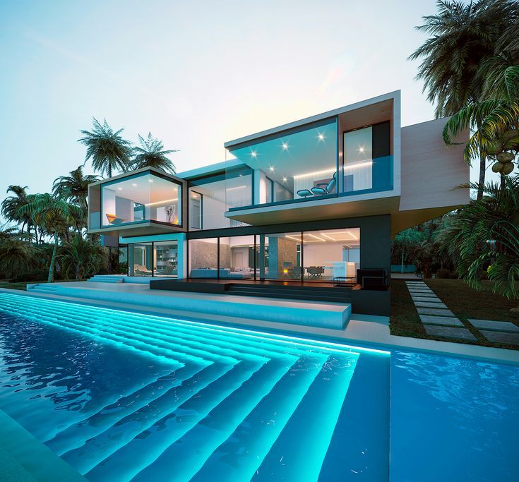 a modern house with swimming pool in the foreground and palm trees on the other side