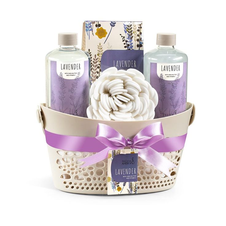 the lavender bath gift basket is filled with soaps, hand wash and lotion