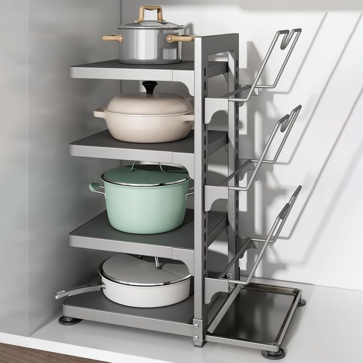 a shelf with pots and pans on it