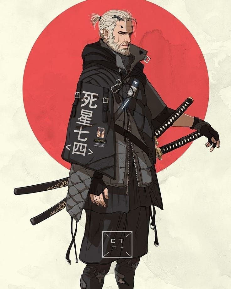 an old man holding two swords in front of a red sun