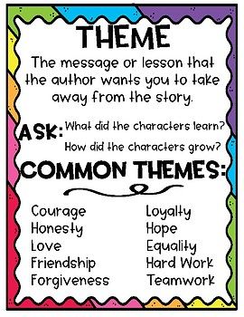 a poster with the words common themes in different colors and font on it, including an arrow