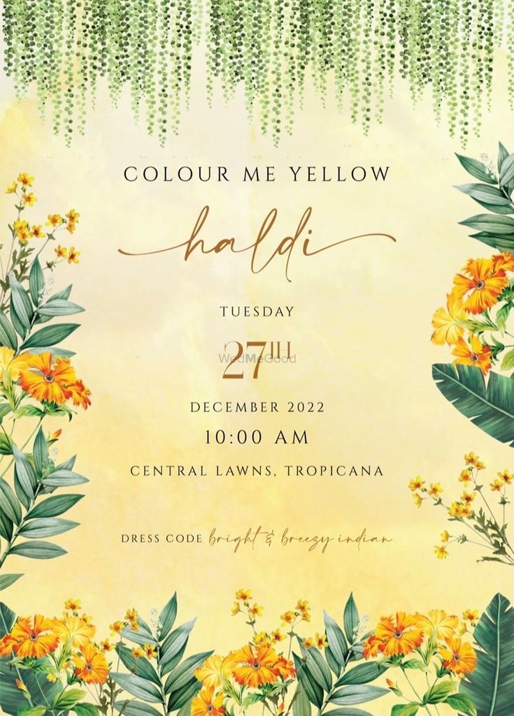 a yellow and green floral design with the words, color me yellow held on it