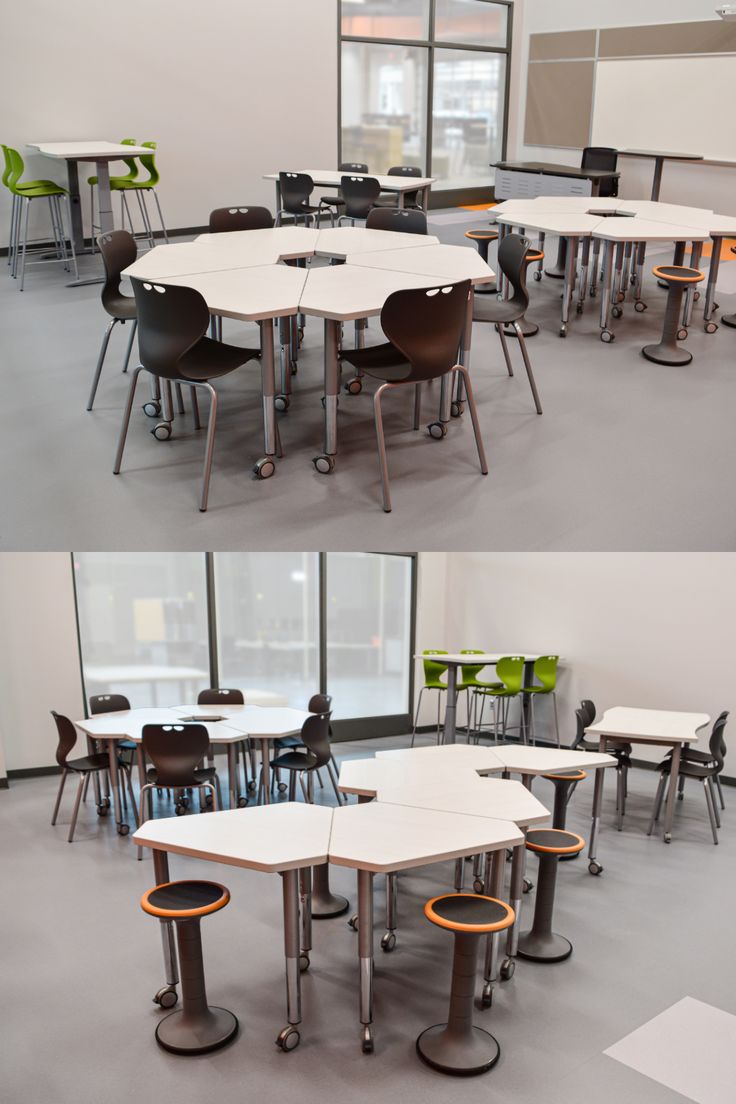 two pictures of tables and chairs in an empty room, one is white with orange trim