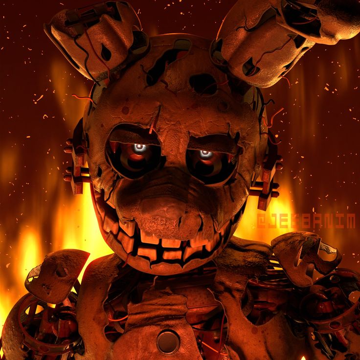 a creepy looking teddy bear in front of a blazing background with lots of fire around it