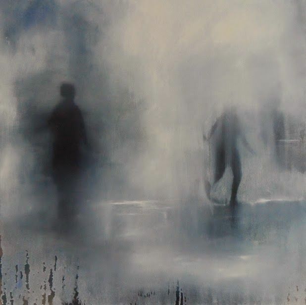 an abstract painting with two people standing in the water