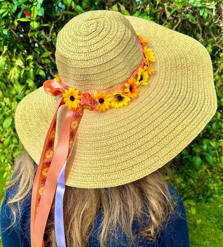 "Even though it's fall, we still need to protect ourselves from the sunThis woven straw fall sun hat will provide the right protection with it's wide, floppy brim with a 22\" circumference to fit nearly all adults.  The sun hat is breathable and keeps the sun's glare at bay, making it perfectly comfortable to wear outdoors in the fall!  Relax in style this fall by protecting your skin and looking fabulous.  A pretty satin and sunflower grosgrain ribbon and bow adds completes the look of these beautiful fall sun hats ! I will also do custom orders!  If you are interested in these hats for bridesmaids hats, please message me what type ribbon and flowers you would like and I will be happy to try and accomadate you!" Bridesmaids Hats, Fall Bridesmaids, Fall Floral Arrangements, Mickey Halloween, It's Fall, Fall Flowers, In The Fall, Sun Hat, Relaxed Style