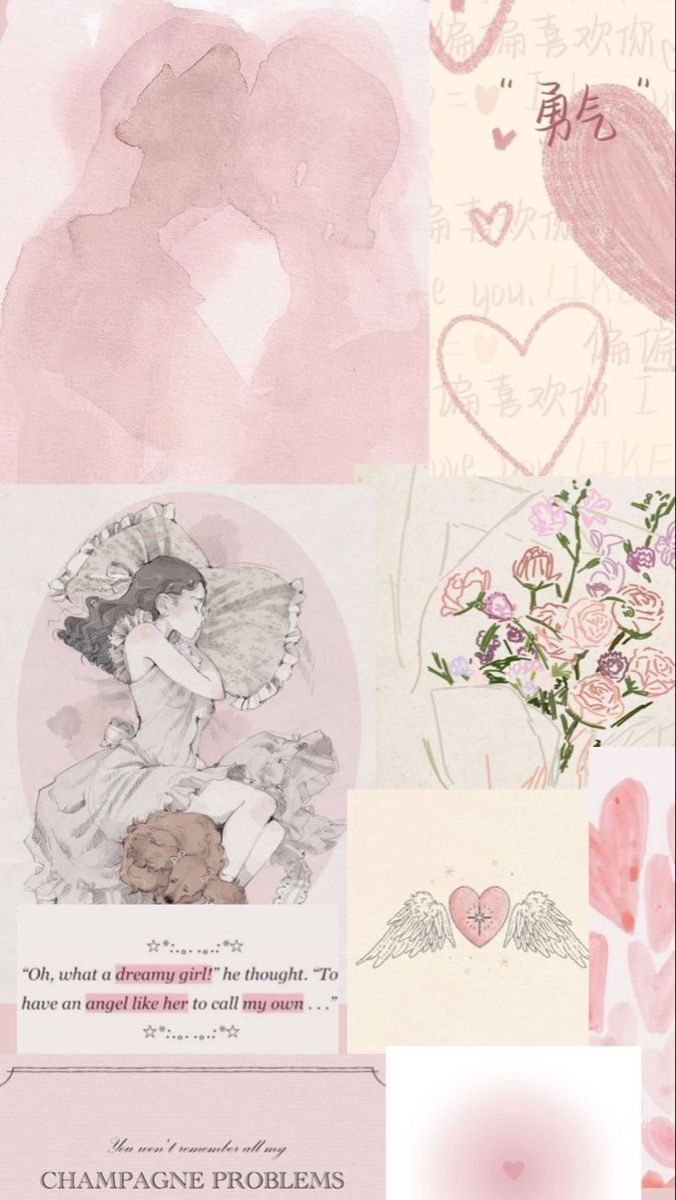 a collage of pink and white images with hearts, flowers, and other things