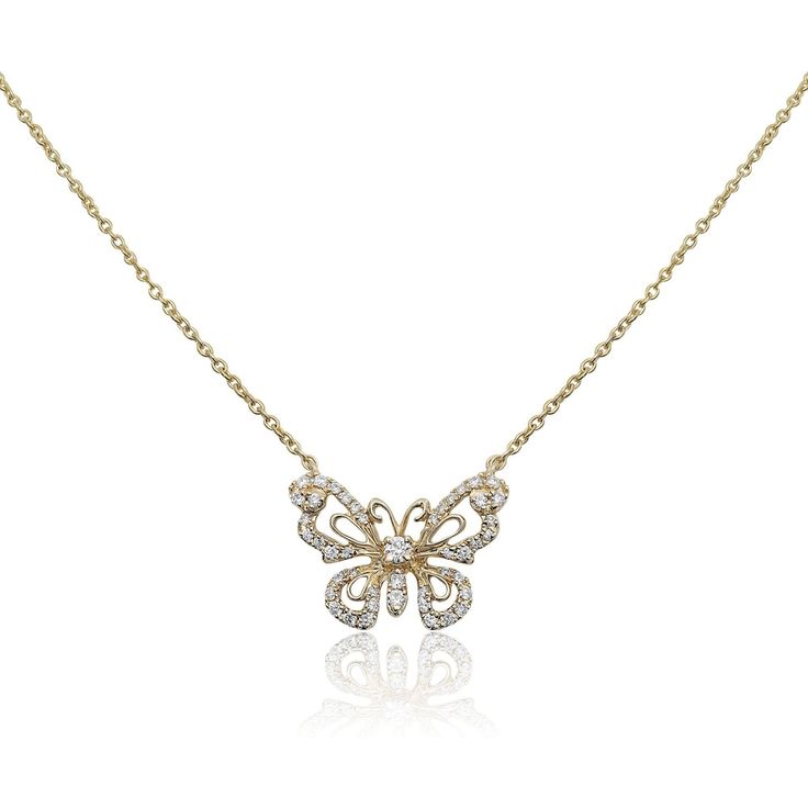 Roman & Jules 14K Yellow Gold Butterfly Necklace with 0.22 Carat Diamond Accent Elegant Butterfly Pendant Necklace For Anniversary, Elegant Butterfly Necklace For Anniversary, Elegant Anniversary Butterfly Charm Necklace, Elegant White Gold Butterfly Pendant Necklace, Elegant Butterfly Pendant Necklace, Elegant Butterfly Necklace For Formal Occasions, Elegant Diamond Necklace With Butterfly Charm, Elegant 14k Gold Butterfly Pendant Necklace, Fine Jewelry Butterfly Necklace For Formal Occasions