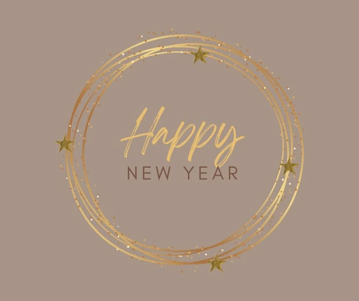 a happy new year card with gold stars and sparkles in a circle on a gray background