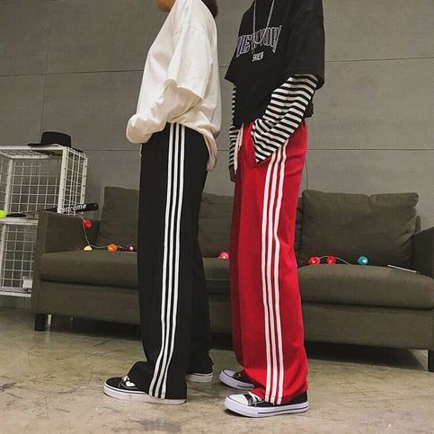 90s Stripe Wide-leg Pants sold by Tony Moly Store on Storenvy Red Baggy Hip Hop Pants, Casual Full-length Bottoms With Side Stripes, Casual Full Length Pants With Side Stripes, Red Wide Leg Sweatpants For Streetwear, Black Full-length Bottoms With Side Stripes, Stretch Casual Pants With Side Stripes, Black Full Length Bottoms With Side Stripes, Red Baggy Sporty Bottoms, Red Baggy Casual Sweatpants