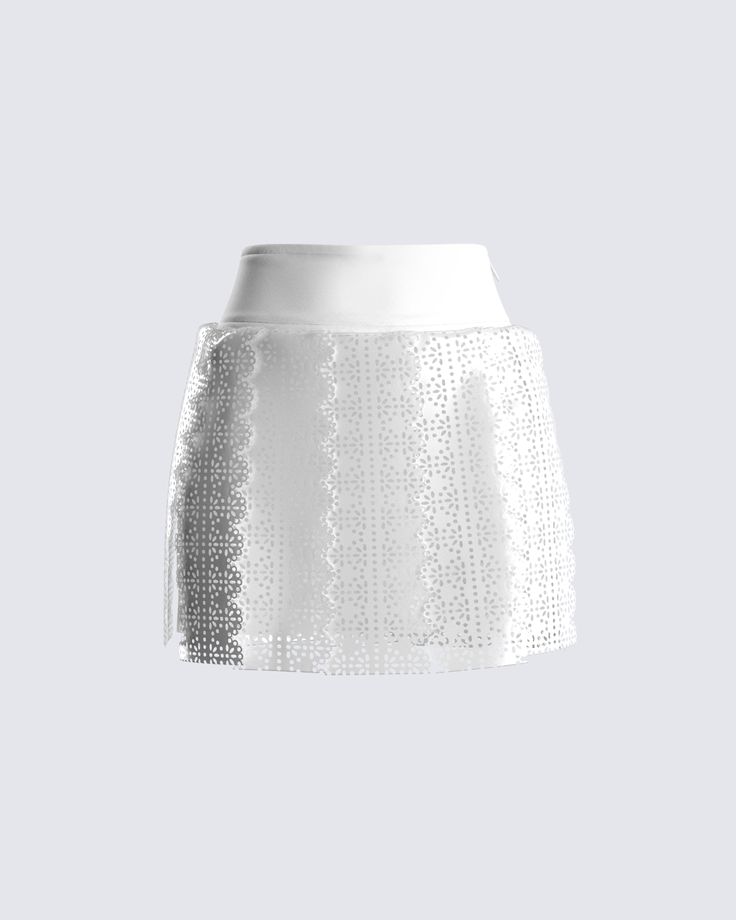 A classic style, just elevated 💅 Demand attention with this white vegan leather skirt - Complete with laser-cut floral scallop details, and layered tiers that add an extra punch of attitude, ensuring you stand out wherever you go 🤍 Elegant Summer Skirt With Cutwork Hem, Elegant White Lace Mini Skirt, Elegant White Skirt With Cutwork Hem, White Ruffled Skort For Party, Chic White Lace Mini Skirt, Chic Summer Skirt With Cutwork Hem, Elegant White Party Skort, Fitted White Mini Skirt With Lace Trim, White Lace Mini Skirt With Ruffles