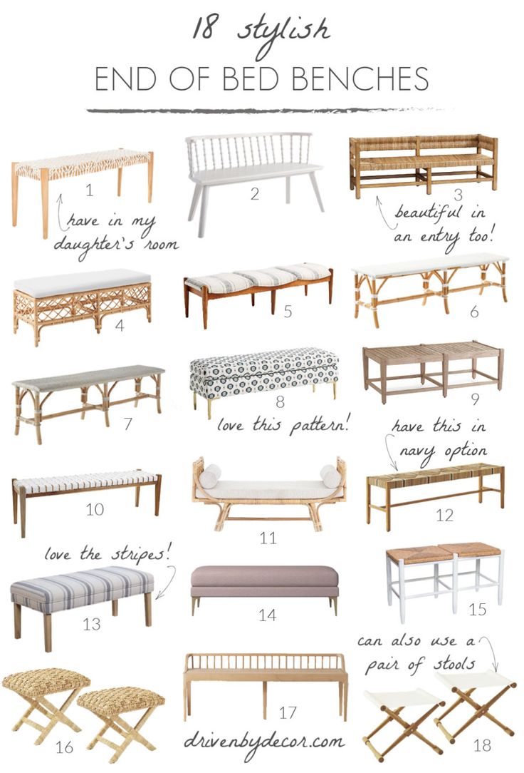 different types of benches with text overlay that says, the best bench styles for your bed