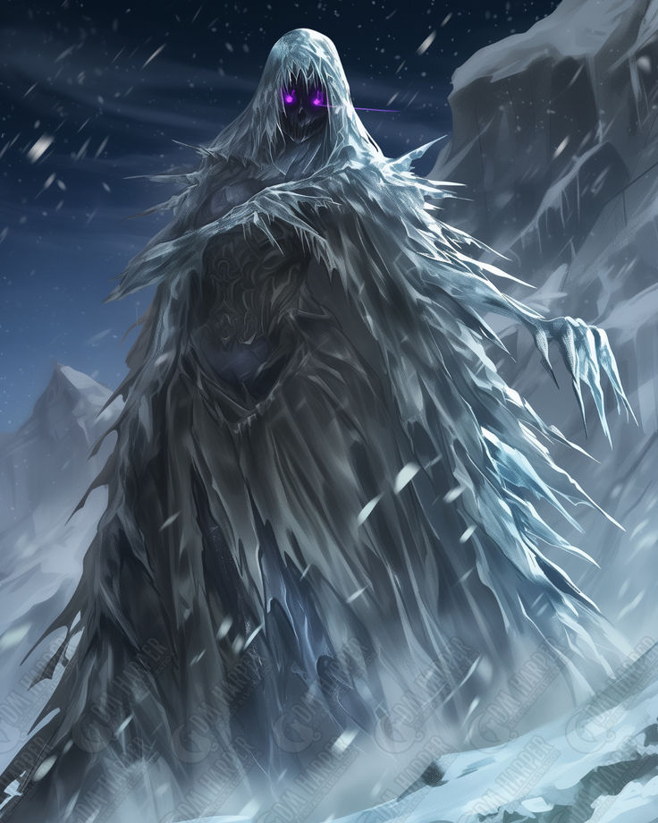 an ice monster with purple eyes standing in the snow