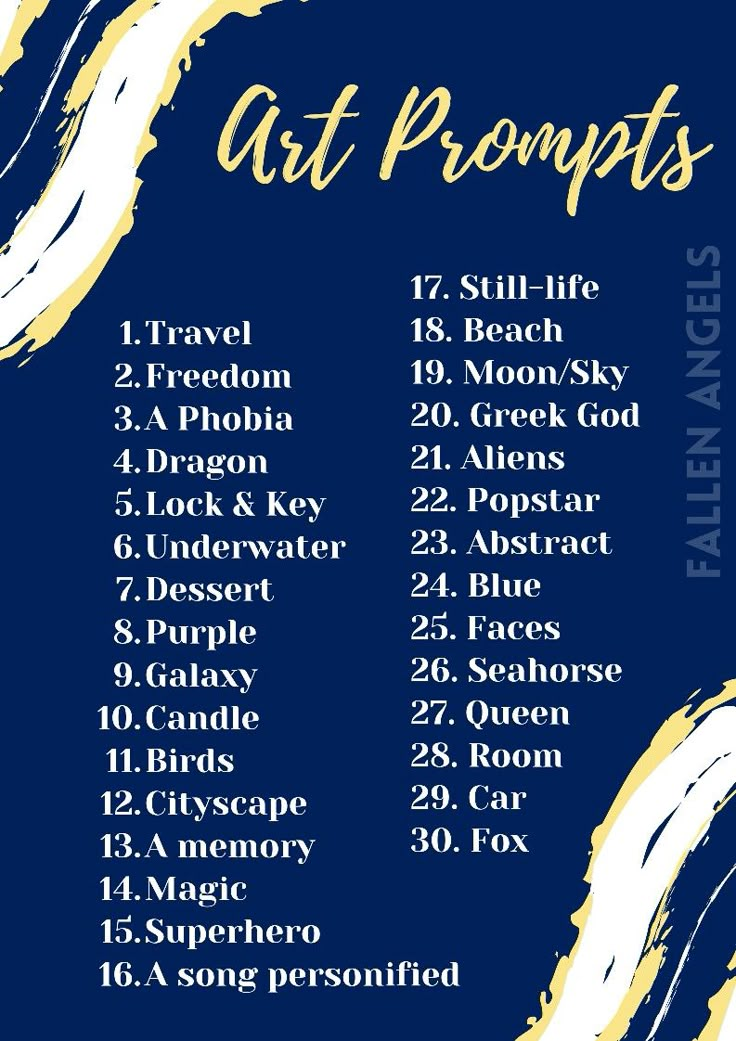 a poster with the names of art projects in gold and white on a blue background