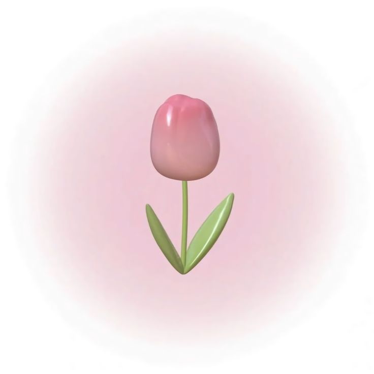 a single pink tulip with green leaves on a light pink and white background,