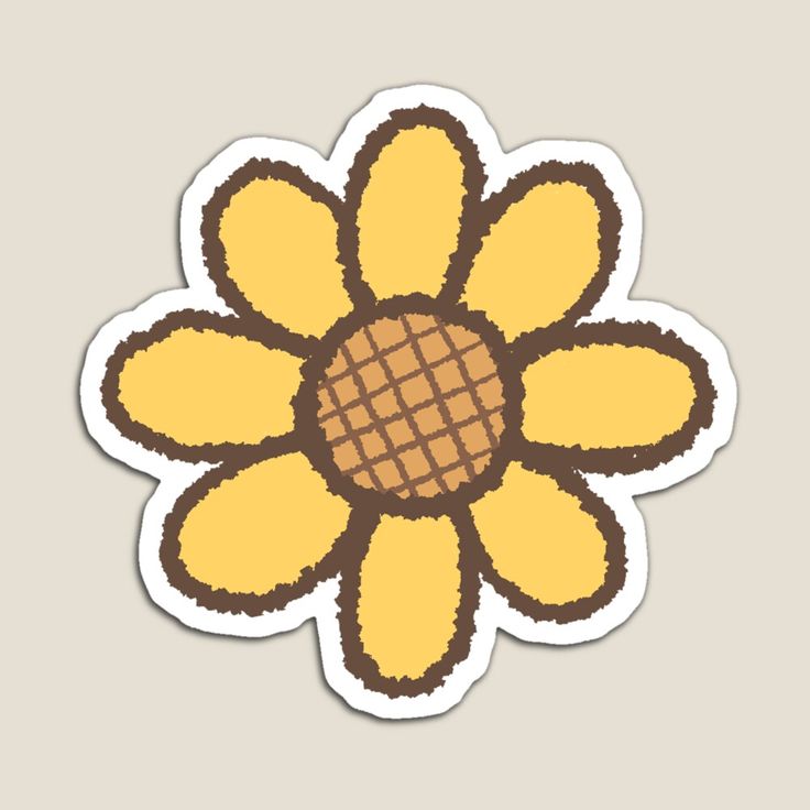 a yellow flower sticker with brown dots on the center and an image of a pineapple in the middle