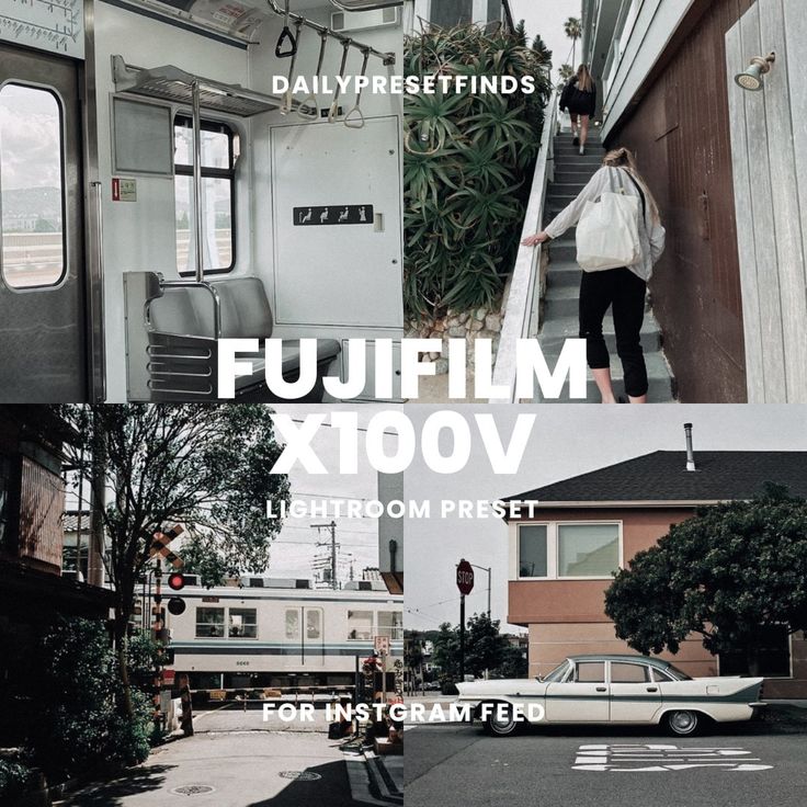 there are two pictures with the words fuji film xtoov and an image of a woman walking up stairs