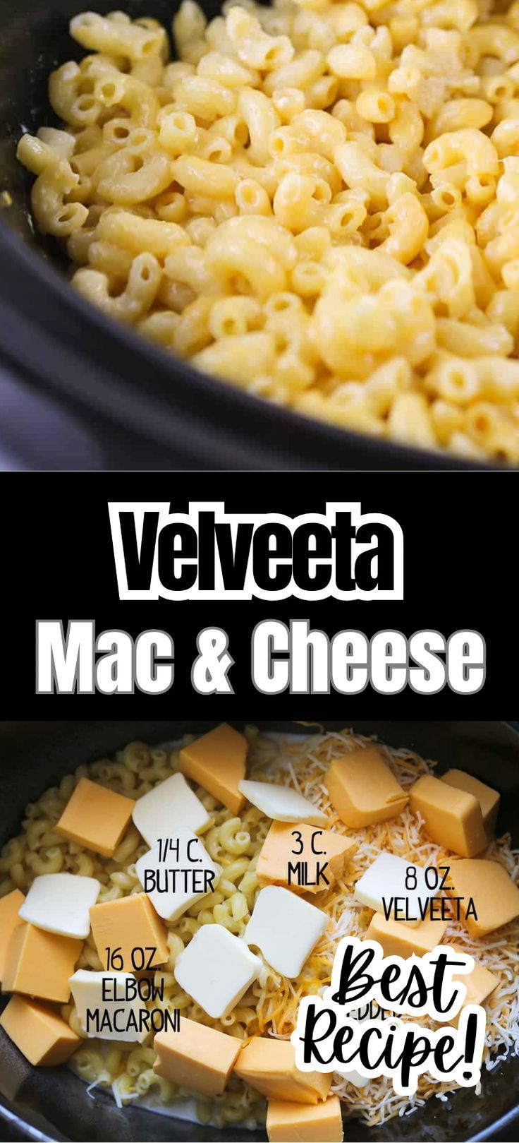 Collage of closeup shot of crock pot full of mac and cheese at top and overhead shot of crock pot with mac and cheese ingredients at bottom. Best Crockpot Mac And Cheese Recipe Velveeta, Crock Pot Mac And Cheese Velveeta Easy, Crock Pot Macaroni And Cheese Velveeta, Crock Pot Mac And Cheese Recipe Slow Cooker, Mac And Cheese Recipe In Crock Pot, Homemade Velveeta Mac And Cheese Recipe, How To Make Mac And Cheese With Velveeta, Crockpot Mac And Cheese Recipe Cream Cheese, Slow Cooker Mac And Cheese No Velveeta