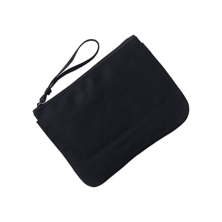 a small black pouch with a zipper on the front and an elastic strap at the bottom