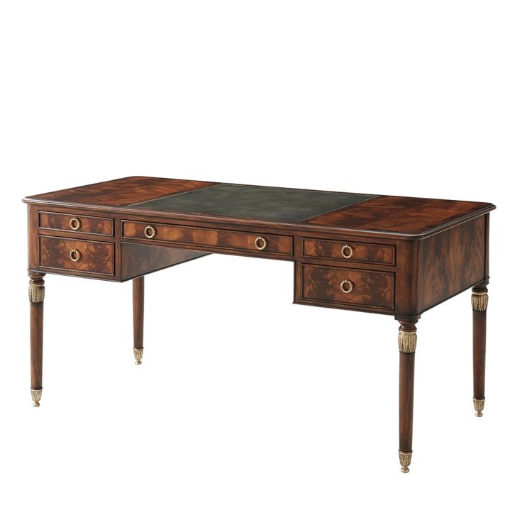 an antique desk with two drawers on one side and three legs, inlaid to the top