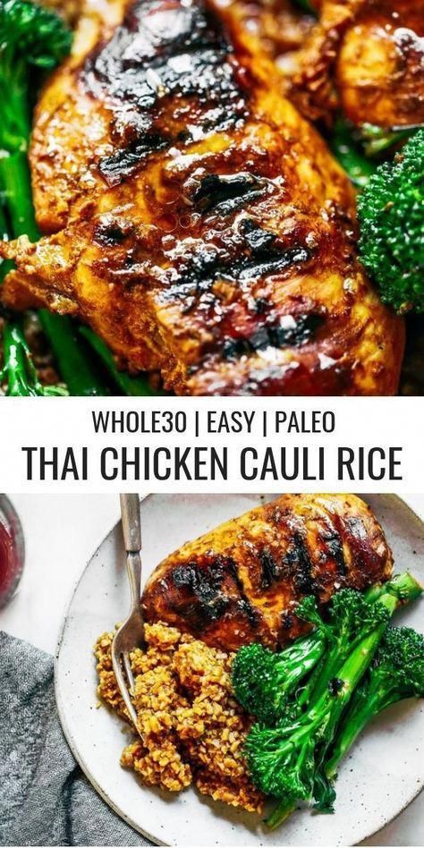 grilled chicken and broccoli on a plate with the words whole 30 easy paleo that chicken cauli rice