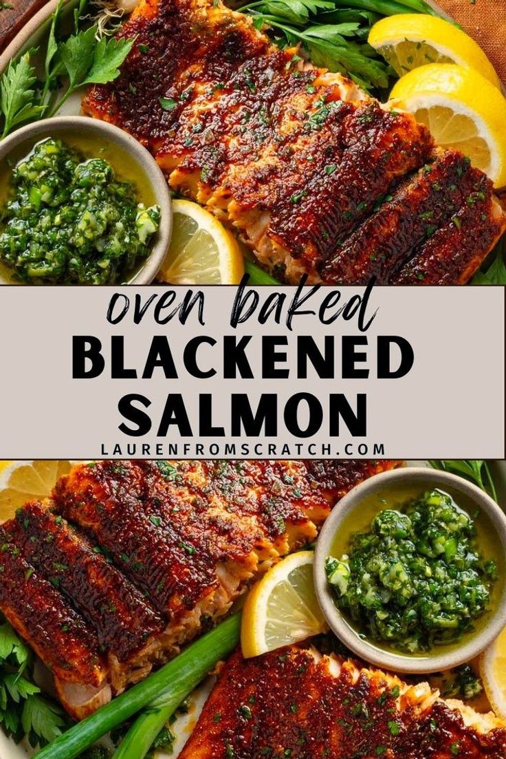 grilled blackened salmon on a plate with lemons and green sauce