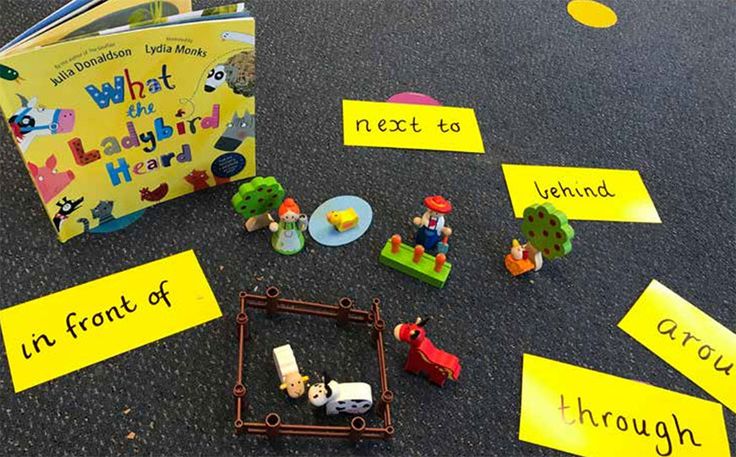 children's books and toys sitting on the floor with yellow sticky notes around them