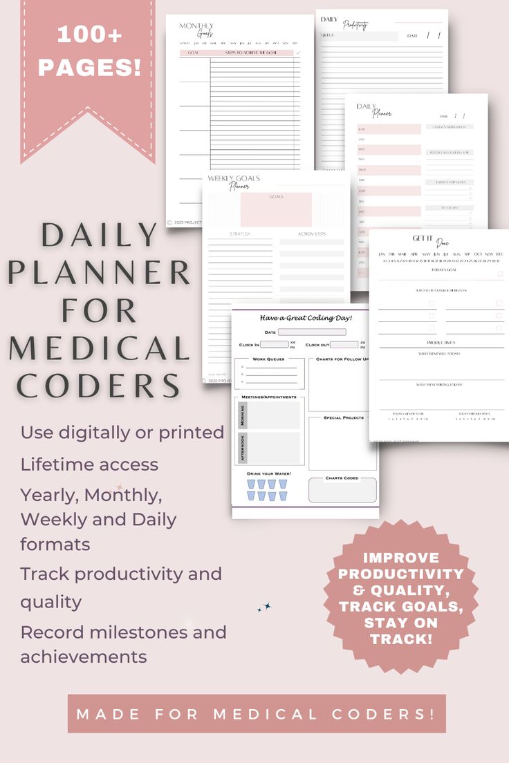 the daily planner for medical coders is shown in pink and white with text that reads,