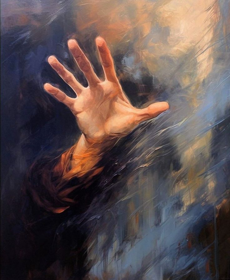 a painting of a person's hand reaching for something