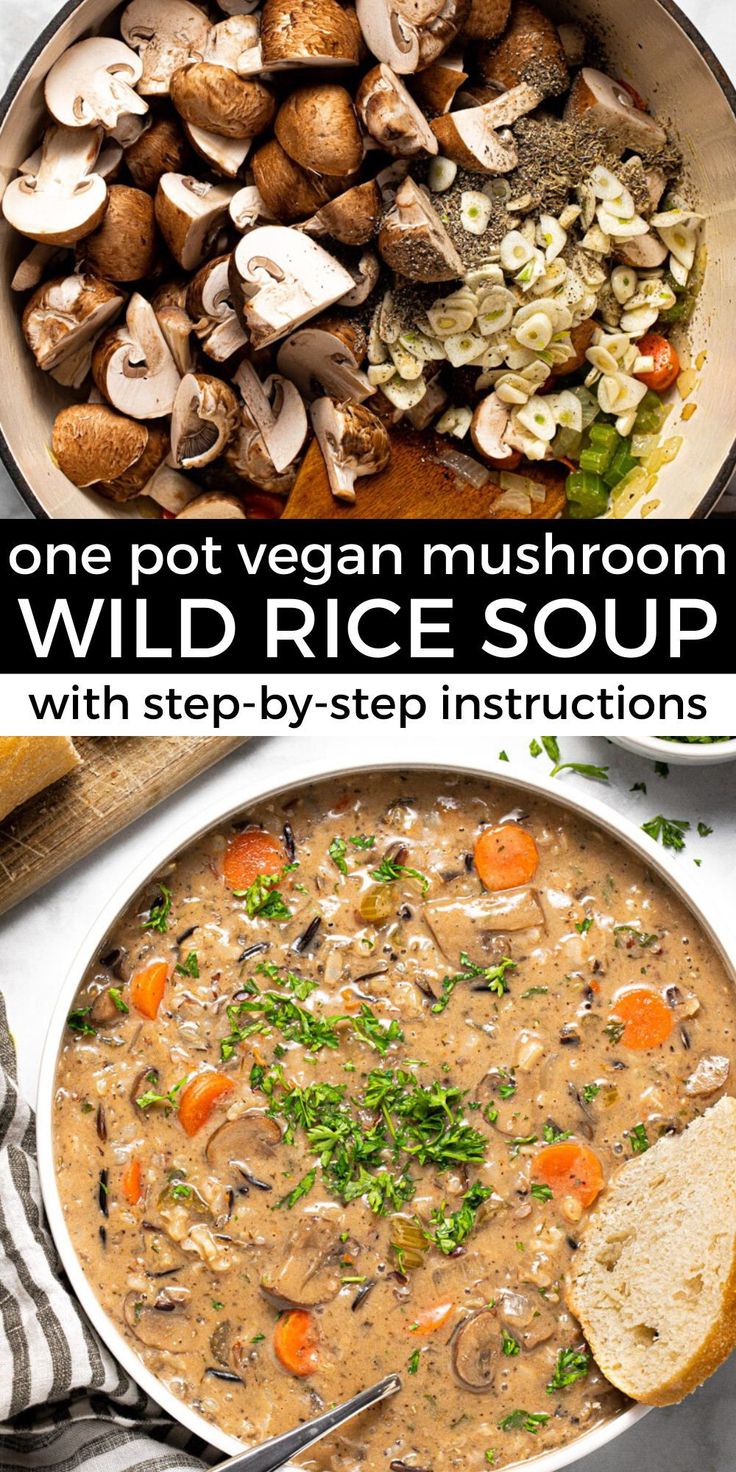 a bowl of wild rice soup with carrots and mushrooms