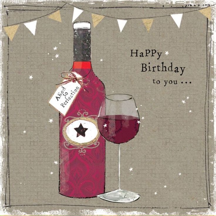 a happy birthday card with a bottle of wine and a glass filled with red wine