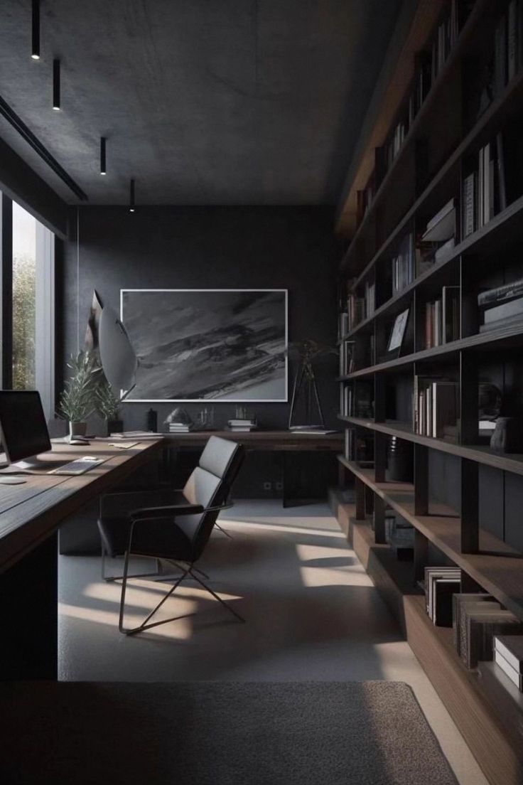 an empty office with bookshelves, desk and chair in the dark night time