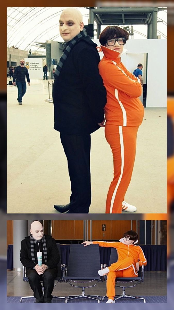 two people dressed in orange and black are posing for pictures with one person wearing an orange outfit