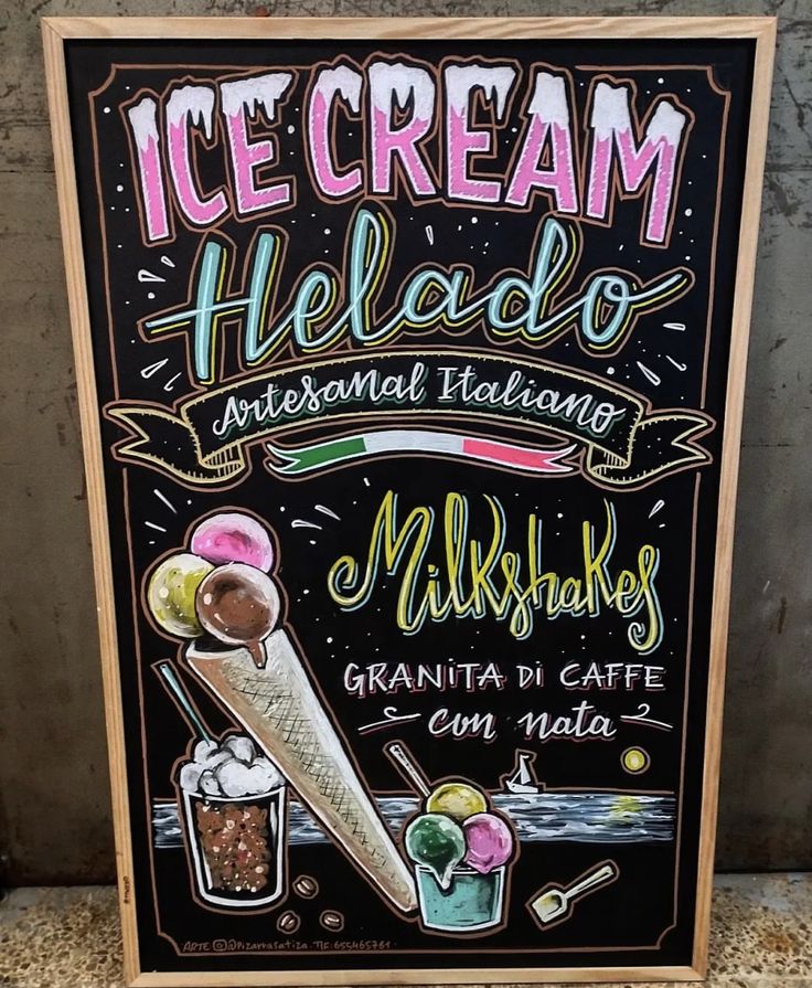 a chalkboard sign advertising ice cream