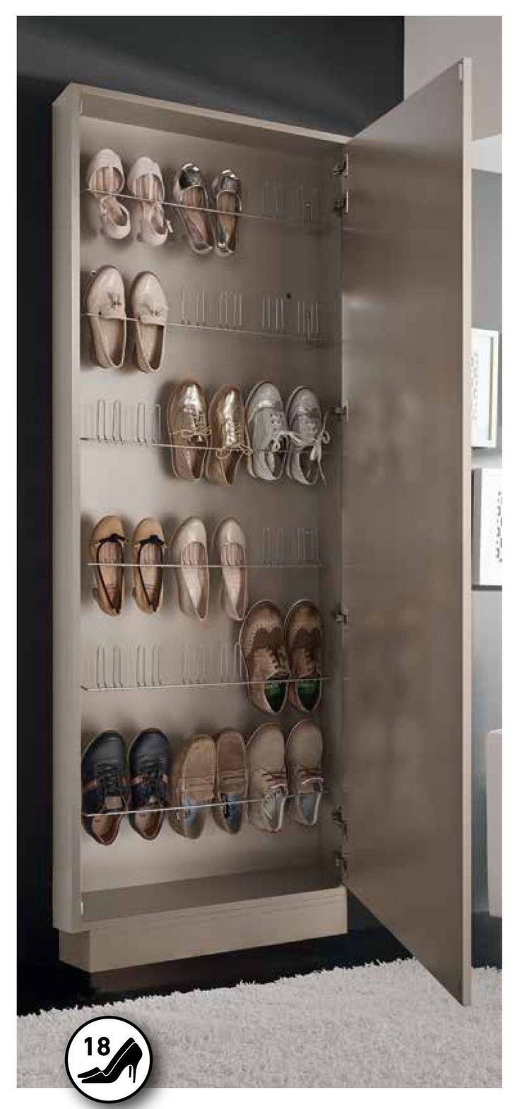 the shoe rack has many pairs of shoes on it and is open to show them