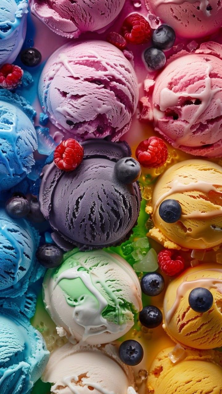 several scoops of ice cream with berries and raspberries on top, all in different colors