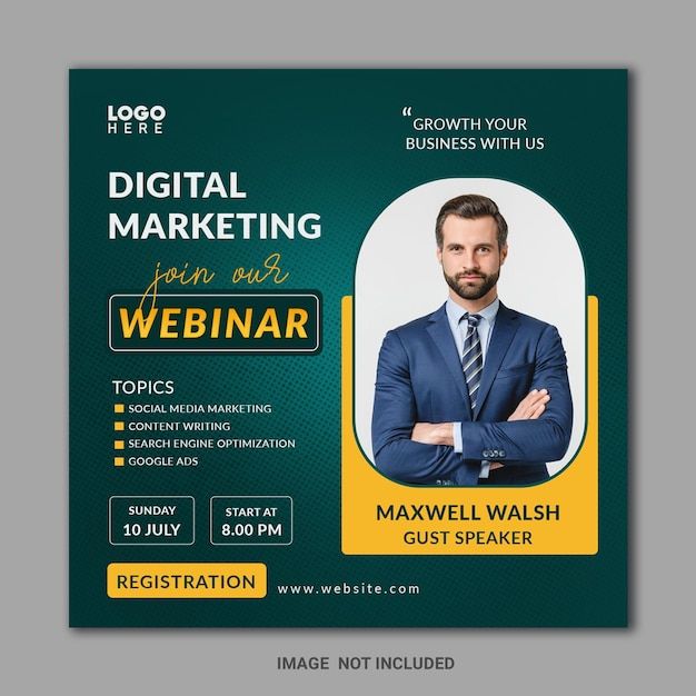 a green and yellow flyer for a webinar event with a man in a suit