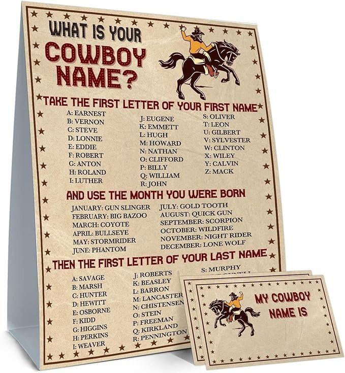 the cowboy name sign is next to a card