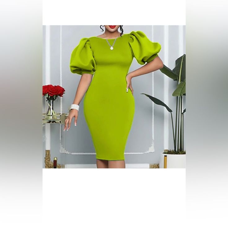 Classy Green Dress Elegant Green Puff Sleeve Dress For Brunch, Green Fitted Puff Sleeve Midi Dress, Green Puff Sleeve Dress For Night Out, Fitted Green Midi Puff Sleeve Dress, Short Sleeve Green Bodycon Party Dress, Spring Bodycon Mini Dress With Puff Sleeves, Spring Office Puff Sleeve Dress, Spring Office Puff Sleeve Dress With Short Sleeves, Spring Stretch Puff Sleeve Dress