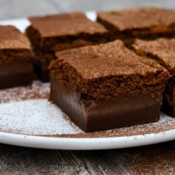 several pieces of chocolate cake on a white plate