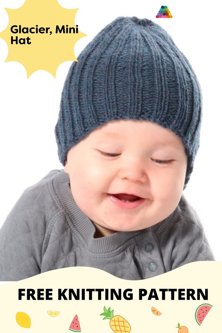 a baby wearing a knitted hat with the text free knitting pattern