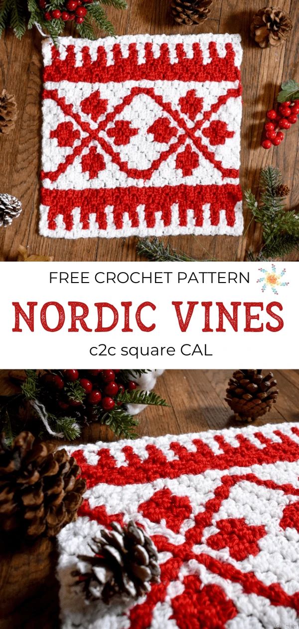 two crocheted christmas coasters with pine cones on top and the text free crochet pattern for nordic vines