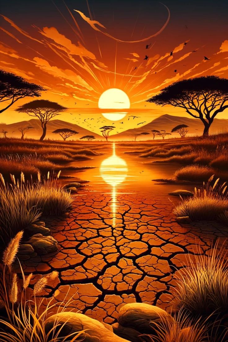 A stunning African savanna sunset with silhouetted acacia trees and cracked earth reflecting golden light. African Landscape Art, African Sunset Tattoo, Savanna Tattoo, African Sunset Painting, African Landscape Painting, Safari Pictures, Safari Landscape, African Scenery, African Background